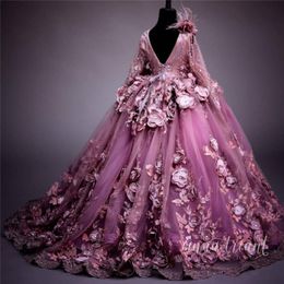 2019 Plum 3D Floral Applique Ball Gown Girl Pageant Dresses Sheer Long Sleeve Appliques Floor Length Kids Toddler Pageant Gowns BC1952 246D