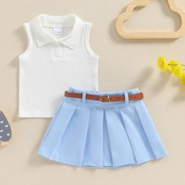 Clothing Sets 0-5Y Kids Girls Fashion Skirt Set Turn-down Collar Tank Top With Pleated And Belt Summer Outfit