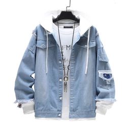 Men Denim Jacket Streetwear Hip Hop Mens Hooded Jean Jackets Male Casual Loose Outerwear Spring Fashion Slim Fit Coat 240520