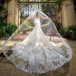 Gorgeous 3M Wedding Veils With Lace Applique Edge Long Cathedral Length Veils One Layer Tulle Custom Made Bridal Veil With Comb 324v