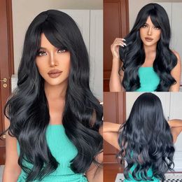 Synthetic Wigs Long black wavy synthetic wig with bangs suitable for female body wave wig role-playing natural daily use of hair heat-resistant Q240523