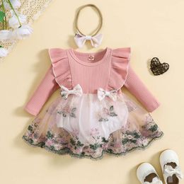 3 Colors Infant Baby Girls Sweet Romper Dress 0-24M Flowers Embroidery Long Sleeves Mesh Lace Jumpsuits Cute Headband