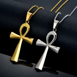 Egyptian Ankh Cross Pendant Necklace For Woman/Men The Key Of Life 14K Gold Egypt Hieroglyphics Jewelry