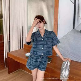 Women's Suits & Blazers Summer Niche Fashionable Classic Denim Jacquard Lapel Short Sleevedelastic Waistband Flower Bud Shorts Set