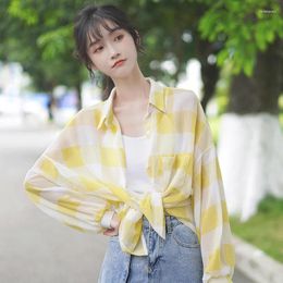 Women's Polos Chic Khaki Summer Plaid Shirt Long Sleeve Sunscreen Coat Loose Oversize Hong Kong Style Thin For Women