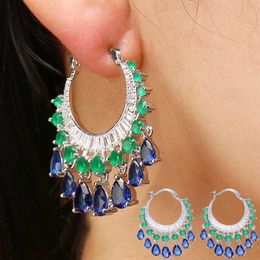 Earrings Elegant Multicolor Blue Crystal Dangle Water Drop Tassel Hoop Earrings Fashion Bridal Wedding Boho Jewelry 230831