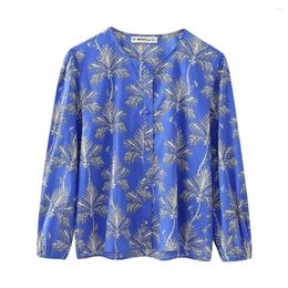 Women's Blouses TRAFZA 2024 Woman Loose Slim Shirts Top Women Casual Vintage Print O-Neck Single-Breasted Decorate Long Sleeves