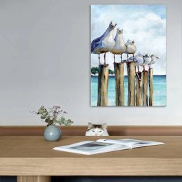 Seagull Wall Art White Blue Painting Canvas Prints Birds Beach Themed Calming Coastal Animal Picture Living Room Decor