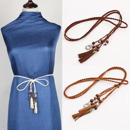 New Women Hand woven Leather Waist Rope Female Tassel Pendant Long Belt Designer Fashion Clothes Dress Decoration Accessories 266K