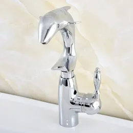 Kitchen Faucets Silver Polished Chrome Brass Swivel Spout Single Handle Cute Animal Dolphin Style Bathroom Sink Faucet Mixer Tap Msf854