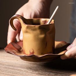 Mugs Japanese Style 150ML Handmade Ceramic Coffee Cup And Saucer Set Vintage Afternoon Tea Milk Drip Mug Office Restaurant Drinkware