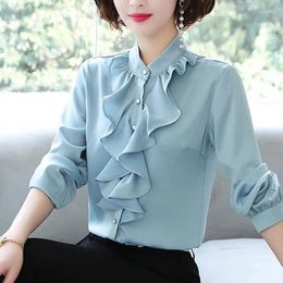 Women's Blouses Spring Autumn Long Sleeve Pleated Button Shirt Tops Solid Colour Slim Office All-match Blouse Vintage Elegant Women Clothing