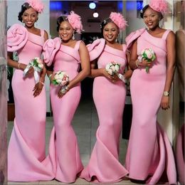 Black Women Long Pink Bridesmaid Dress Mermaid Style Sleeveless Wedding Party Gowns With Big Flower Formal Wear