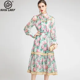 Casual Dresses Women's Runway Dress Stand Collar Long Sleeves Floral Printed Lace Up Belt Fashion Midi Designer Vestidos