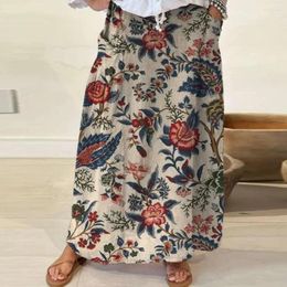 Skirts Casual Loose Fit Skirt Bohemia Style Women's Maxi Elastic Waist Flower Leaf Print A-line With Pockets For Beach