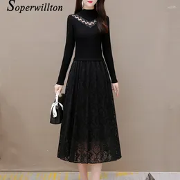 Casual Dresses 2024 Vestidos Mesh Elegant Antumn Hollow Black Solid For Coat 3XL Chic Long Sleeve Female Robe Women's Midi Lady