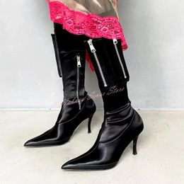 Boots Pocket Zipper Short Pointy Toe Solid Stiletto Heels Style Mix Calf Spring Autumn Runway Women Shoes Designer