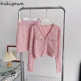 Work Dresses Pink Outfits Korean Two Piece Set Women Clothing V-neck Long Sleeve Cropped Cardigan Bodycon Mini Skirt Suit Chic Knitted Sets