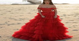 Party Dresses Stunning Red Ruffled Tulle Off The Shoulder Prom Women Robe A Line Beading Floor Length Tiered Princess Gown4664803