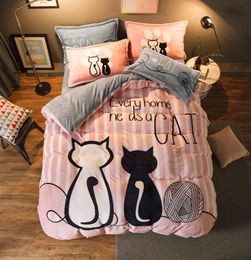 Luxury Bedding Set Flannel Cartoon Pink Cat Duvet Cover Set Queen Size Bed Linen Valentine Cute Bed Sheet Kids Bedding T2007061361733
