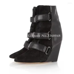 Boots 2024 Black Grey Belt Decor Woman Super High Wedges For Fashionable Buckle Trap Pointed Toe Casual