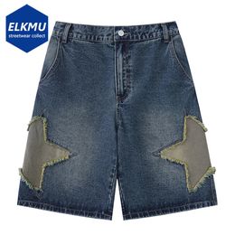 Retro Star Splicing Denim Shorts Men Summer Harajuku Streetwear Jeans Shorts Fashion Casual Loose Blue Denim Shorts Unisex 240520