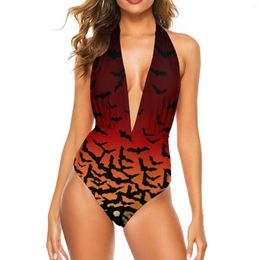 Women's Swimwear Bats Sunset Swimsuit Sexy Spooky Halloween Print Backless One Piece Trendy Swimsuits Bath Push Up Design Bathing Suits