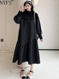 Casual Dresses NYFS 2024 Autumn Korea Woman Dress Vestidos Robe Elbise Loose Plus Size Lantern Sleeve Fashion Patchwork Black Long