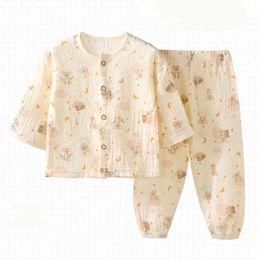 Boys Girls Pamas Baby Suits Clothes Muslin Cotton Short Sleeve Homewear Children Family Outfits Shirt Tops+Pants 2PC 1-10T L2405