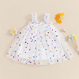 0-4Y Summer Toddler Kids Girls Princess Dress Ruffles Sleeveless Colourful Polka Dot Print Cami Mesh Tutu Sundress