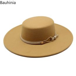 Bauhiniua Wool Felt Fedoras Jazz Cap 2022 Winter Warm Flat Top Hats 10CM Big Wide Brim Solid Colour Church Hats