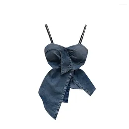 Women's Tanks Denim Irregular Cross Coat Women High Waist Hollow Out Casual Short Tops Female