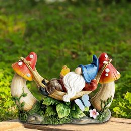 Creative Cute Swing Gnome Decor Statue Resin Dwarfs Lying In Mushroom Garden Solar Decorative Indoor Outdoor Decor Ornament 240516