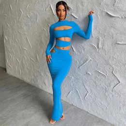 Work Dresses Blue Cut Out Dress Set Women Fashion Long Sleeve Top And Maxi Skirt Outfits Autumn Winter Sexy Bodycon Club Party Two Piece