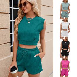 Summer Spring New Solid Color Round Neck Sleeveless Tank Top Shorts Casual Set For Women
