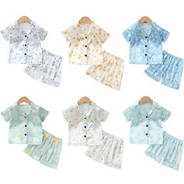 Summer Children's Silk Satin Pamas Set Baby Girls Short Sleeve Floral Print Button Lapel Tops+Shorts 2Pce Kid Nightwear Outfit L2405