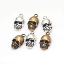 Hot Alloy 100pcs Vintage Style Bronze Silver Zinc Alloy 3D Skull Charms Necklace Pendant For Jewelry Making 12x20mm 246Q