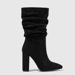 Boots 2024 Sexy Black Pointed Toe High Heels Slip On Flock Mid-calf Pleated Quality Shoes Big Size 42