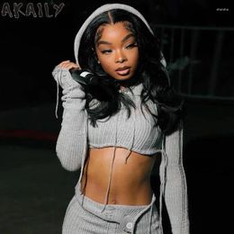 Work Dresses Akaily Sexy Gray Hooded Knitted Crop Top Mini Skirt Set Party Club Outfit For Women2024 Autumn Winter Long Sleeve Two Piece