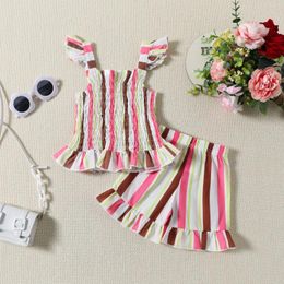 Clothing Sets 2024 Summer Baby Girls Clothes Colorful Stripe Sleeveless Flying Sleeve Vest Top Shorts Set Style BeachWear 0-4T