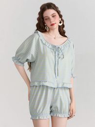 Home Clothing Plaids Two-Piece Loungewear Sets Spring Summer Women's Pajamas Set Puff Sleeve Ruffled O Neck Tied Tops With Shorts Sleepwear