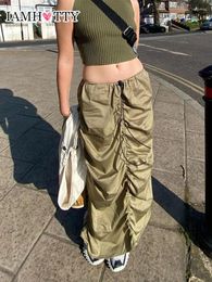 Skirts IAMTY Adjustable Ruched Drawstring Cargo Long Skirt Vintage Grunge Pencil Y2K Low Waist Straight Casual Outfit