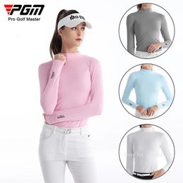 PGM Ladies Long Sleeve Elastic Golf Shirt Summer Women Sunscreen Ice Silk Sport Tops Girls Stand Collar Fast Dry Workout T-shirt 240522