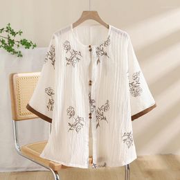Women's Blouses Vintage Shirts Summer Embroidery Chinese Style Loose Fit Short Sleeve Clothing Cotton Linen Women Tops YCMYUNYAN