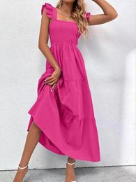 Casual Dresses Summer Long Dress Women Sleeveless Elegant Party Ladies Beach Square Neck Ruched Maxi For 2024 Spring Robe