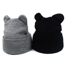 Lovely Cat Ear Hats For Women Knitted Winter Hat Soft Warm Crochet Lady Cap Solid Color Casual Beanie