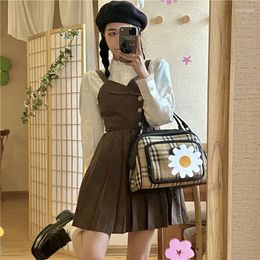 Work Dresses Suit Female 2024 Spring And Autumn French Retro Student Shirt Plaid Strap Pleated Dress Two-piece Women