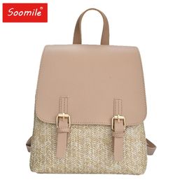Soomile Black Pink Straw Woven Women Backpack Mini PU Leather Schoolbags For Teenage Girls Backpacks Small Back Pack 240524