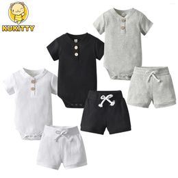 Clothing Sets Summer Born Infant Baby Boy 2PCS Clothes Set Knitted Ribbed Short Sleeves V-Neck Romper Bodysuit Top Shorts Casual Outfit