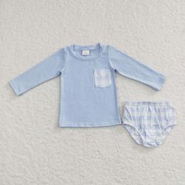 Clothing Sets Wholesale Fashion Baby Girl Plaid Pocket Blue Long-Sleeved Top Briefs Set Children's Boutique Toddler Soft Outfits